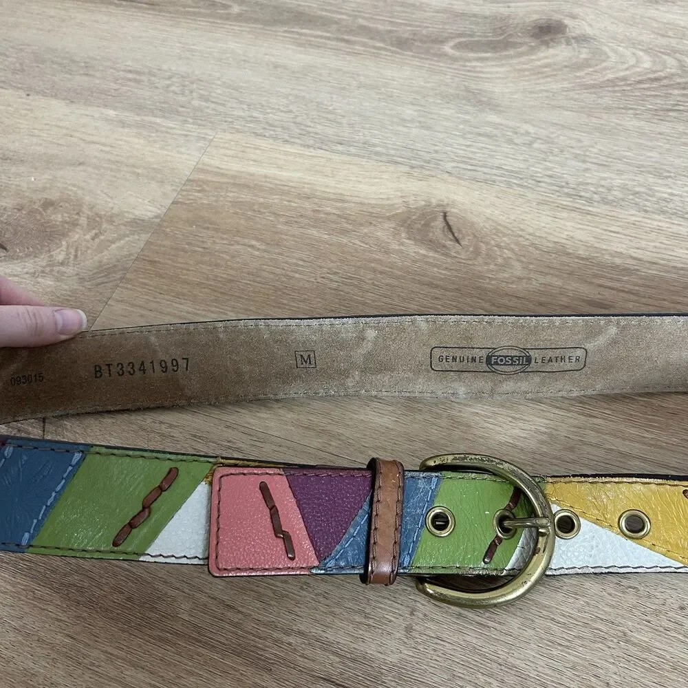 Y2K Fossil Women Patchwork Leather Belt MultiColor Embossed Skin Brass Buckle M